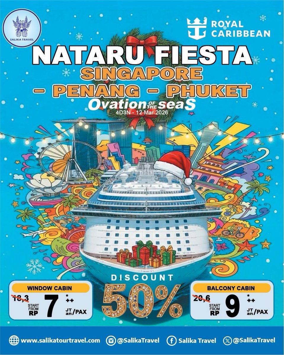 ROYAL CARIBBEAN - OVATION OF THE SEAS !!!
Periode sailing 12 Mar 2026

Harga belum termasuk Gratuity Fee &amp; Port Charges

Rsv hub:
wa.me/6285954487807
wa.me/6281803863912
wa.me/6281945166878

T&amp;C Apply
#SalikaTravel
#Cruises
#OvationOfTheSeas
#RoyalCaribbeanCruise