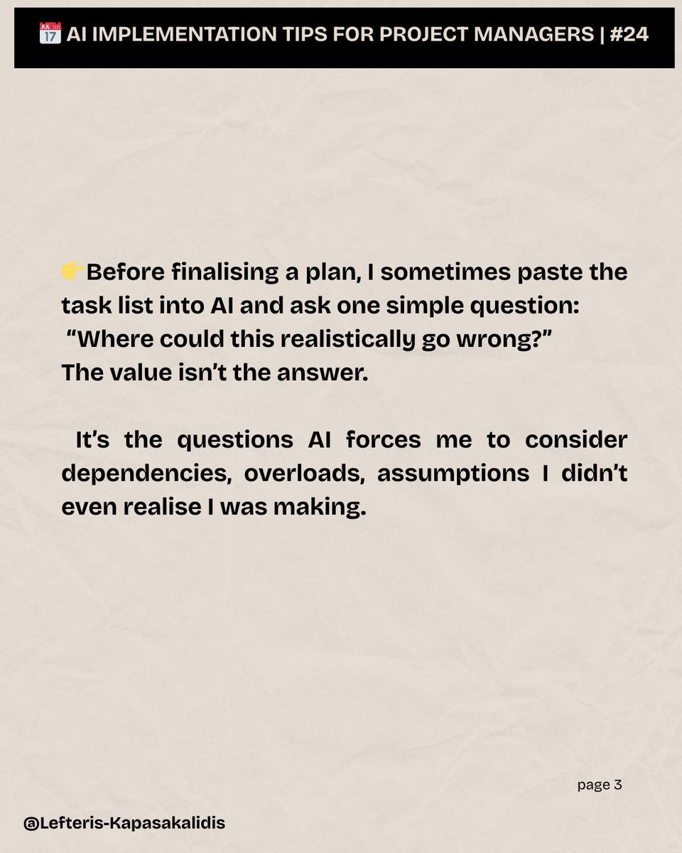 ekap0's tweet photo. As a Project Manager, I don’t ask AI to decide for me.
I ask it to challenge my thinking. 

#AIForPMs #ProjectManagement #CriticalThinking #Planning #RiskAwareness #DigitalTransformation #Leadership #AIProductivity https://t.co/Ost9tXxaRV