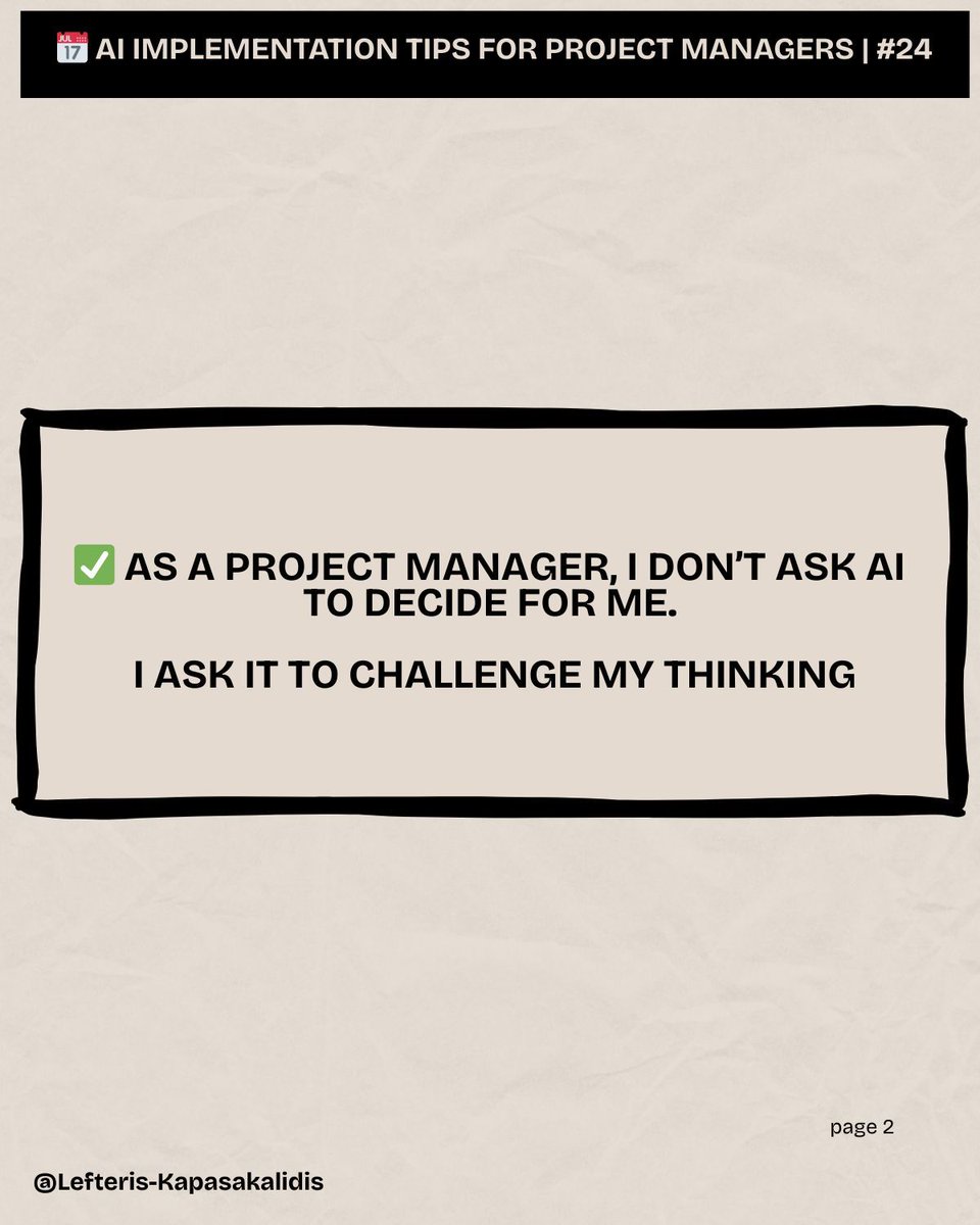 ekap0's tweet photo. As a Project Manager, I don’t ask AI to decide for me.
I ask it to challenge my thinking. 

#AIForPMs #ProjectManagement #CriticalThinking #Planning #RiskAwareness #DigitalTransformation #Leadership #AIProductivity https://t.co/Ost9tXxaRV