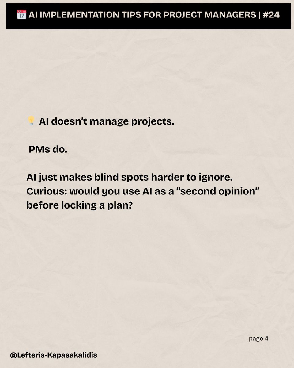 ekap0's tweet photo. As a Project Manager, I don’t ask AI to decide for me.
I ask it to challenge my thinking. 

#AIForPMs #ProjectManagement #CriticalThinking #Planning #RiskAwareness #DigitalTransformation #Leadership #AIProductivity https://t.co/Ost9tXxaRV