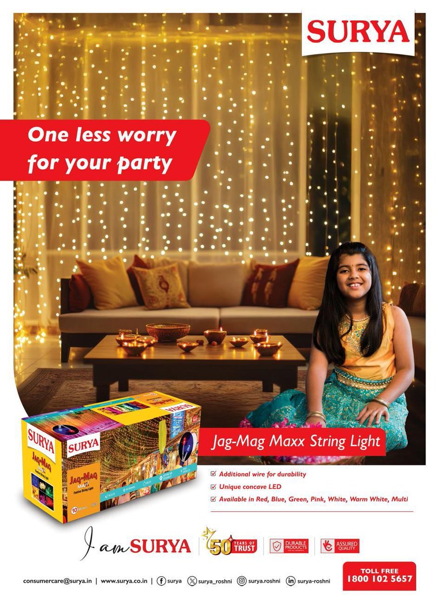 surya_roshni's tweet image. Let your celebrations shine with Surya Jag-Mag Maxx String Lights, every corner of your home glows with joy, and festive charm.
Lighting up moments that matter tabhi toh India Bole Surya ko Ya.

#SuryaRoshni #JagMagMaxx #StringLights #FestiveLighting #HarGharSurya  #SuryaKoBoleYa