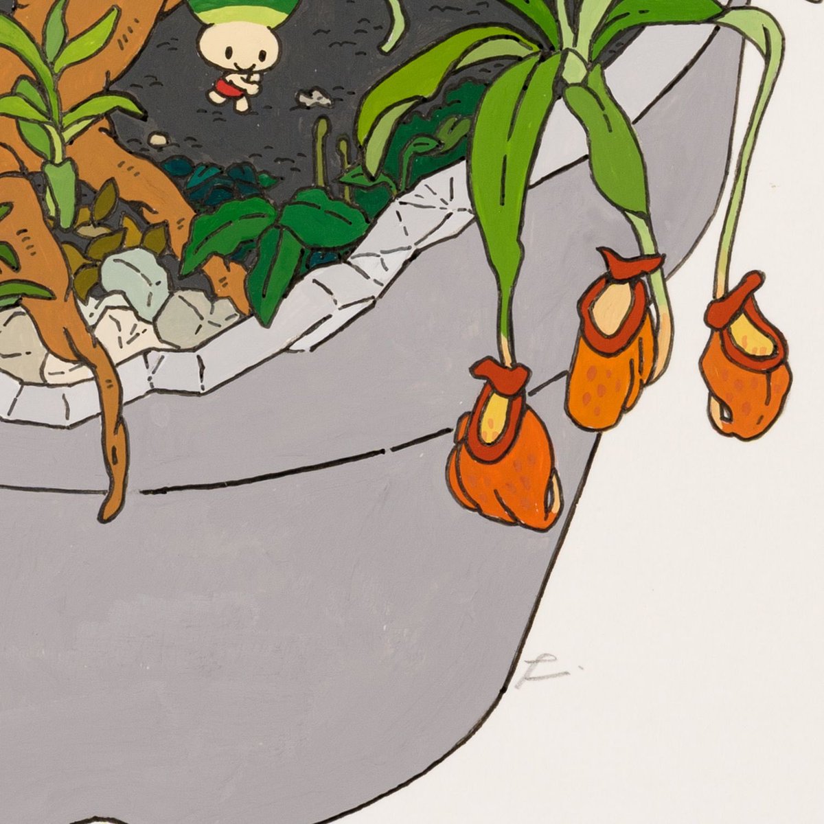 tkt_'s tweet photo. 「ひとはちのもり/植木鉢・鼠色」
ケント紙にアクリルガッシュ
364x257

今回の個展では新しいシリーズとして
12個の“ひとはち”を描きました。

そのなかのひとつの鼠色の鉢には、
黒い砂利の地面、流木と石をメインに、
オレンジ色の食虫植物もあるような
ややパルダリウムのイメージでひとはちの景色を描きました。

周囲のマットはあたたかみのあるグレーを合わせて額装しています。

原画・複製原画ともに同様の額装でお届けします。

【12/15(月)20:00〜通販スタート】
オンラインショップでも購入いただけます。