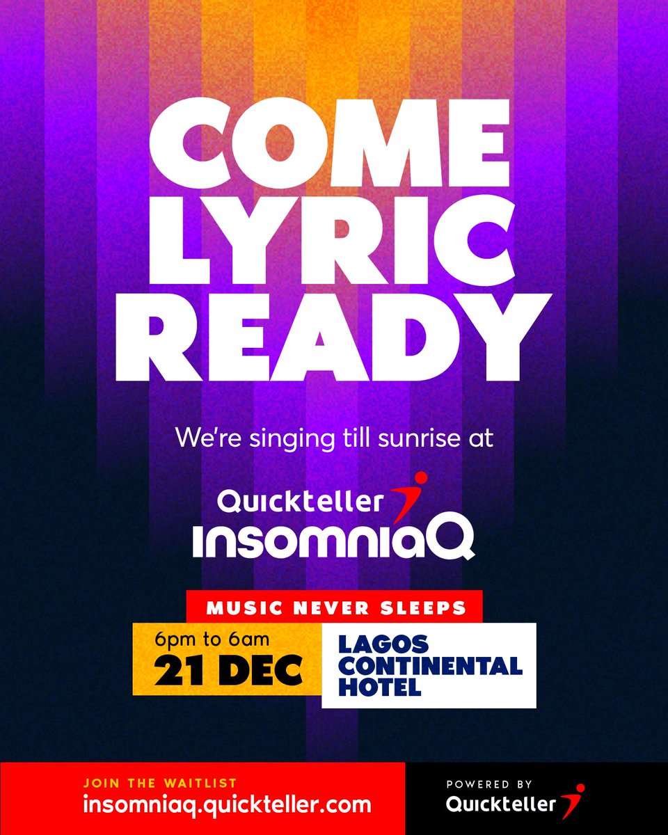 Quickteller's tweet photo. The countdown is on, 6️⃣ days to go! 🔥
Hope you’ve learnt the lyrics of every performer on the lineup 👀 No worries if you haven’t, you still have time.
Join the waitlist here 👉🏽 https://t.co/mJMP2V8gPk
#Quickteller
#QuicktellerInsomniaQ
#MusicNeverSleeps https://t.co/qapoPvXKZf