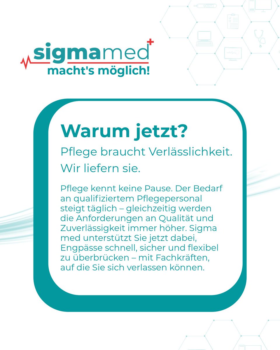 Warum jetzt? Pflege kennt keine Pause.
Der Bedarf an qualifiziertem Pflegepersonal wächst – ebenso die Anforderungen an Qualität &amp; Verlässlichkeit.
Sigma med macht’s möglich: nachhaltige Personalstrukturen für echte Stabilität.
#Pflege #Healthcare #Sigmamed #Zuverlässigkeit