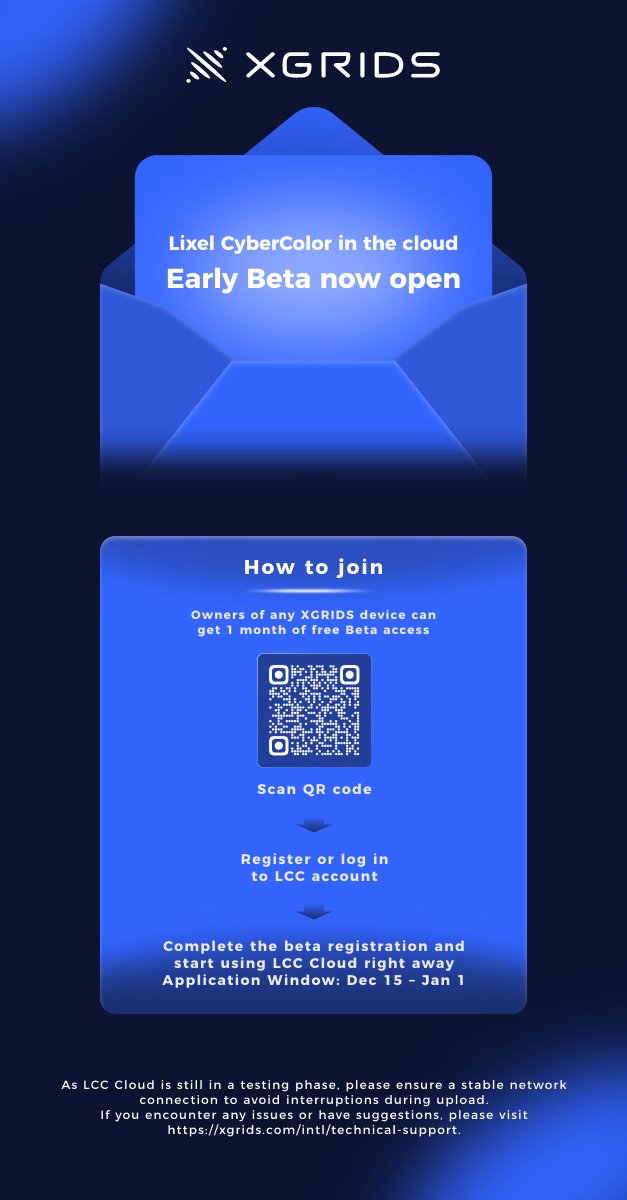 XGRIDS_OFFICIAL's tweet image. #LCC Cloud Beta is now live — cloud-based #3DGS reconstruction.
Upload scans from anywhere. No local GPU or workstation needed.
1 month free early Beta for XGRIDS users. 

Apply Dec 15–Jan 1. See image to join &amp;amp; learn more.

#SpatialComputing #CloudWorkflow