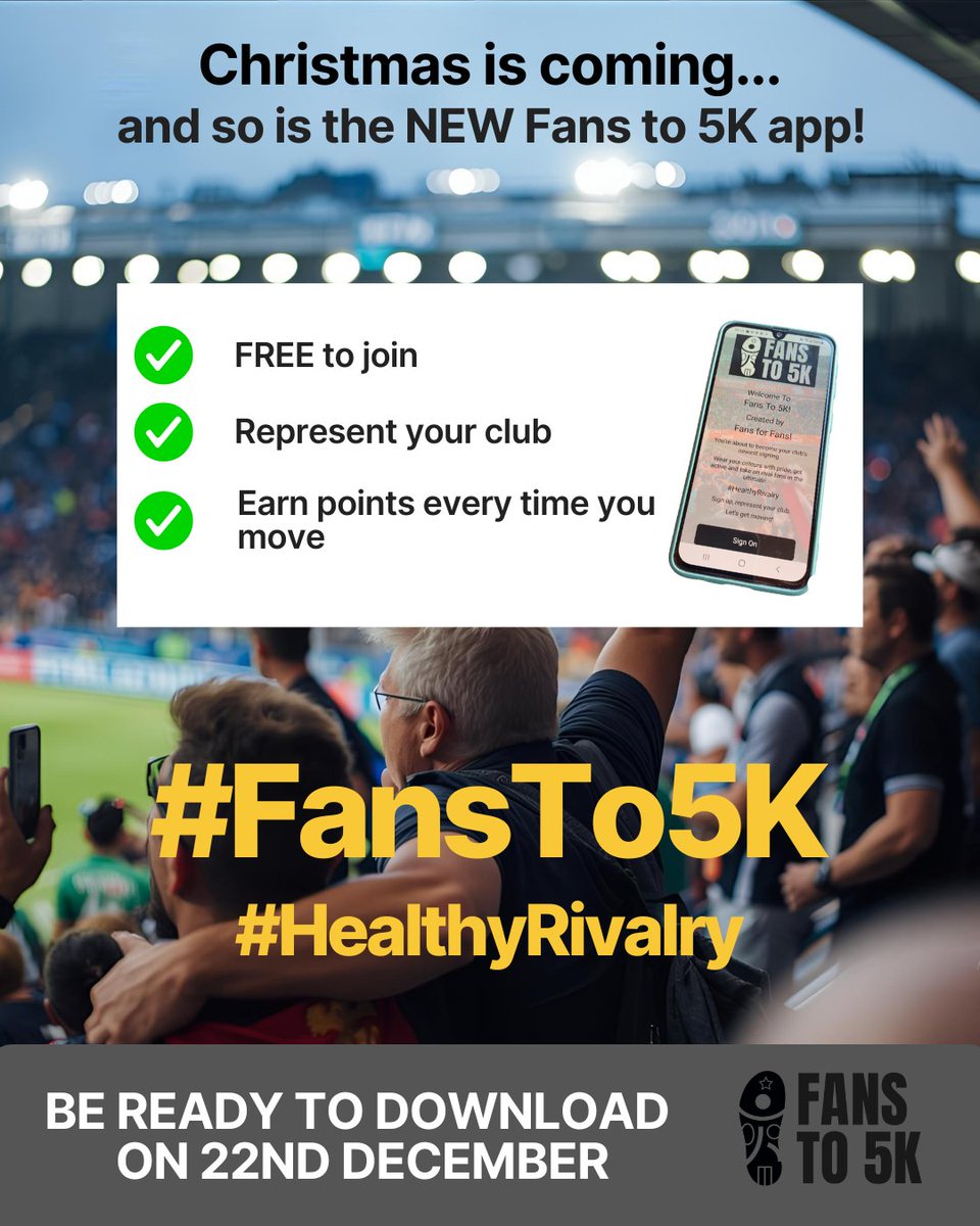 FansTo5k's tweet image. 🎄 Christmas is coming… and so is the NEW Fans to 5K app! 
🔟clubs involved ⚽️🏀🏉🏒🏏
✅ FREE to join 
✅ Represent your club 
✅ Earn points for your club every time you move 
📲 Follow @fansto5k &amp;amp; be ready to download on 22/12 👥Tag 5 friends &amp;amp; share
#FansTo5K #HealthyRivalry