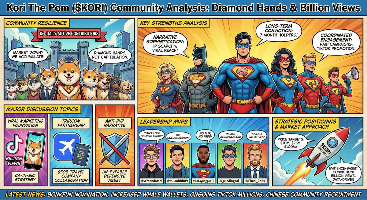 GrufenderX's tweet photo. Kori The Pom ( $KORI) Community Analysis

Period: December 6-15, 2025

Community Performance Overview

The $KORI community demonstrates exceptional resilience during a challenging market period, maintaining 15+ daily active contributors despite price consolidation around $2M market cap (down from $60M ATH). The community exhibits mature diamond-hand behavior, viewing current levels as accumulation opportunities rather than capitulation signals.

Major Discussion Topics

Viral Marketing Foundation: Community centers discussions around Kori's billion-view TikTok video and 2M+ follower base, positioning this organic reach as unmatched competitive advantage. Members emphasize the CA-in-bio strategy as continuous free marketing.
https://t.co/bPhofEBxIr Partnership: Repeated mentions of collaboration with the $50B travel company as validation of mainstream appeal and institutional interest potential.
Anti-PVP Narrative: Strong focus on $KORI as "un-PVPable" - a defensive asset immune to launchpad extraction and constant rotation cycles plaguing other memecoins.

Key Strengths Analysis

Narrative Sophistication: Community articulates clear value thesis around IP scarcity, viral reach, and defensive positioning. Members draw comparisons to DOGE/SHIB success patterns while emphasizing superior social metrics.

Long-term Conviction: 7-month holder base remains active through 97% drawdown, with OGs from 44K market cap still contributing. Community frames current prices as "free 30x" opportunity.

Coordinated Engagement: Regular raid campaigns, TikTok content promotion, and strategic tagging of influencers/exchanges demonstrate organized community operations.

Leadership MVPs

@Wrenndotsol (30+ msgs): Primary narrative architect and conviction anchor. "Can't lose holding $KORI can't be vamped and eventually it'll all come back to the OG with the most defensive narrative in the space."

@milanBDR89 (25+ msgs): Persistent price target communicator and partnership promoter, consistently highlighting Trip collaboration and exchange listing potential.

@Babayunggod12 (10+ msgs): Long-term holder voice emphasizing community quality. "7 months, same conviction. No flip, no fade. $KORI still the play."

@grindingsol (8+ msgs): Technical analyst noting whale accumulation patterns and liquidity strength during consolidation.

@Chad_Calls (8+ msgs): Community engagement coordinator running polls and organizing strategic initiatives.

Strategic Positioning

Community positions $KORI as "Dogecoin 2.0" - the most viral dog globally with superior social metrics to established dog coins. Members project multi-billion market cap potential based on TikTok reach converting to crypto adoption.

Price targets discussed: $10M (near-term), $25M, $48M (previous ATH reclaim), $100M+, with ultimate billion+ aspirations. Community emphasizes patience over quick flips.

Market Approach

Evidence-Based Conviction: Heavy emphasis on quantifiable metrics - billion views, 2M followers, Fortune 500 interactions, Mr. Beast interview mentions. Less emotional speculation, more data-driven positioning.
Accumulation Mentality: Community frames current prices as "criminal" undervaluation, encouraging DCA strategies. Minimal panic despite 97% correction from ATH.

Anti-Launchpad Stance: Strong criticism of extraction-focused platforms, positioning $KORI as community-owned alternative to constant PVP rotation.

The latest news

Community celebrating ticker nomination by BonkFun platform. Multiple members noting increased whale wallet accumulation at current floor levels. Ongoing TikTok content generation maintaining millions of views per video with CA visibility. Chinese community members actively recruiting additional Asian holders.

Via https://t.co/sWI0Hhhqa8

https://t.co/Npn9Ou4tmH