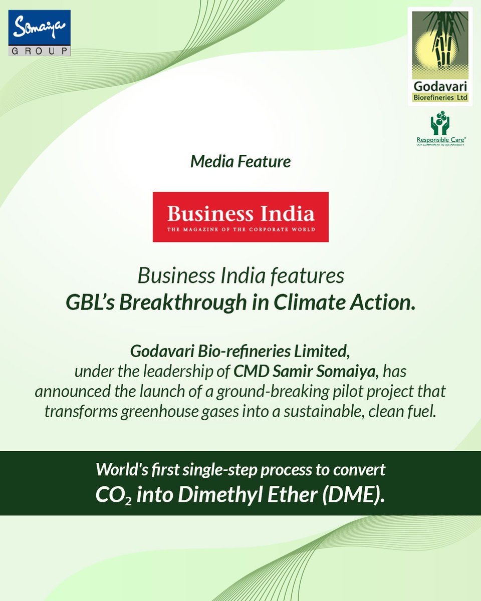 GodavariBio's tweet photo. We’re excited to share that Business India has featured our latest milestone — a ground-breaking pilot project at Godavari Biorefineries Limited that transforms greenhouse gases into a sustainable, clean fuel.

Read the full story: https://t.co/iAGFPxuwi8

#PressCoverage https://t.co/ukOVhpwSoL