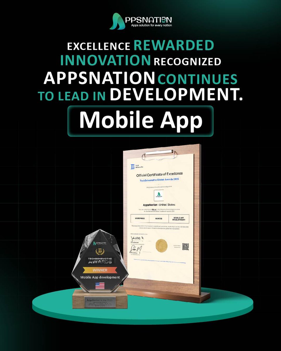 AppsnationCo's tweet photo. We’re honored to be recognized for our excellence in Mobile App Development.
This award reflects our commitment to innovation, quality, and client success. https://t.co/YAtORkOAx4