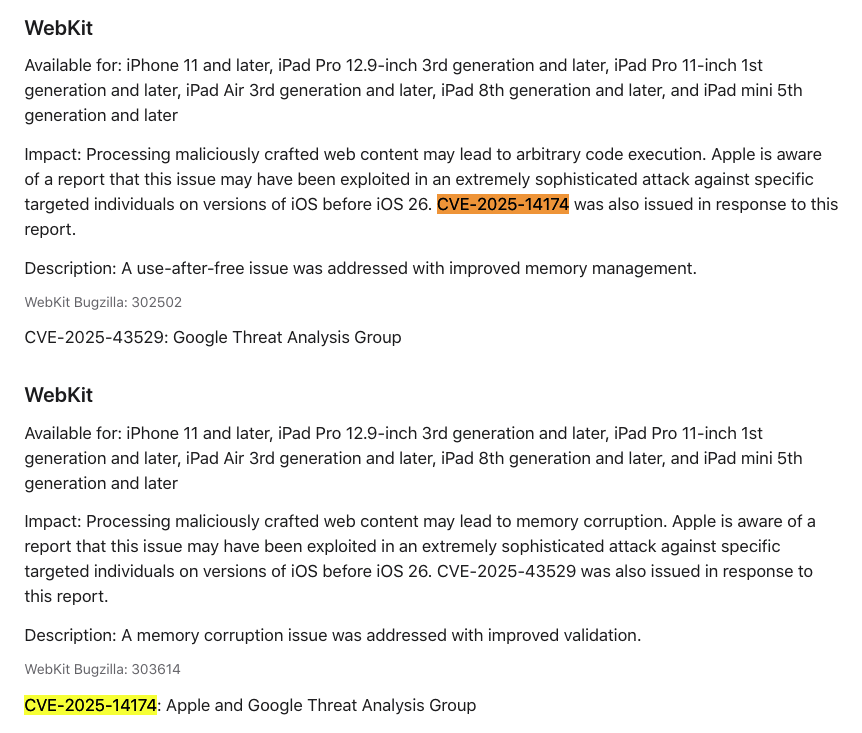 zerodaytraining's tweet image. 🚨 0-Day Alert: Full-chain exploit for Apple Safari/WebKit in the wild (just patched)

CVE-2025-43529: UaF in JSC Escape Analysis (RCE)
CVE-2025-14174: Buffer Overflow in ANGLE (Sandbox Escape)

⚠️The sandbox escape bug is same as reported in Chrome last week