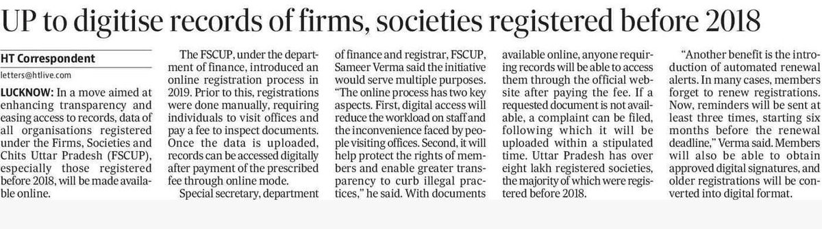 Uttar Pradesh is taking a major step towards transparency and digital governance by bringing records of all organisations registered under the Firms, Societies and Chits Uttar Pradesh (FSCUP) online. Data of entities registered before 2018, earlier maintained through manual