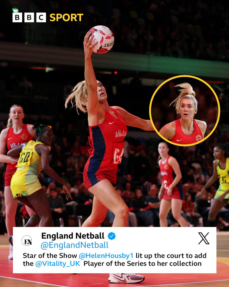 bbccumbriasport's tweet image. Cumbrian Helen Housby was named Player of the Series as England produced another clinical display to beat a depleted Jamaica side 81-30 to complete a 2-0 series win. Watch here👇

#bbcnetball #netball #england #cumbria