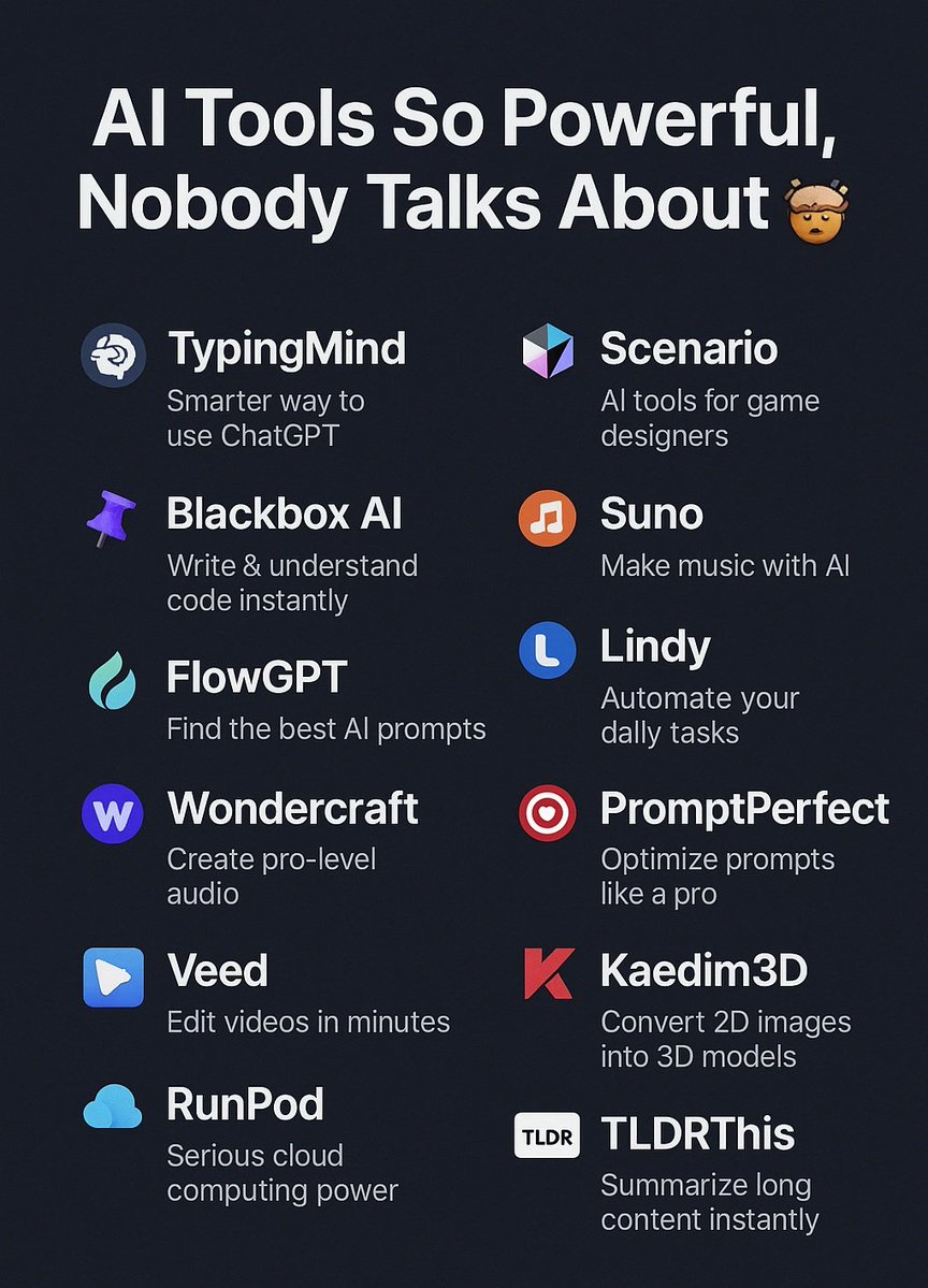 Alokcoder's tweet image. 🚀 Hidden AI Tools Nobody Talks About:

Most people are still using basic tools…
Meanwhile, these are changing the game 👀👇

🧠TypingMind.com – Smarter way to use ChatGPT
💻 Blackbox.ai – Write &amp;amp; understand code instantly 
📌 Glasp.co– Save…