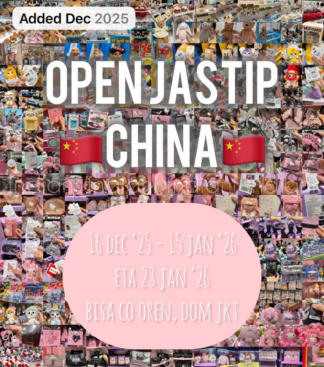 fndiani's tweet image. OPEN JASTIP CHINA HANDCARRY🇨🇳

—eta jkt 23 jan ‘26
—ada group WA
—open for request, nanti coba dicariin

handcarry miniso mofusand popmart toptoy taobao jellycat snack2 jajanan sanrio etc