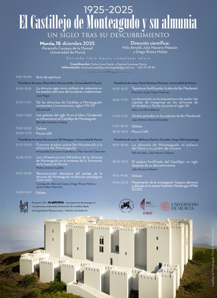 🗣️💬 Nuestra compañera Inmaculada Camarero, junto con Pilar Garrido, participa en el simposio "1925-2025. El Castillejo de Monteagudo y su almunia: Un siglo tras su descubrimiento", con la conferencia "Fuentes árabes sobre Ibn Mardanish y la almunia de Monteagudo" 👇
