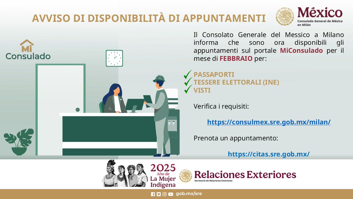 ConsulMexMIL's tweet image. 🟢ll Consolato Generale del Messico a Milano informa che 𝗦𝗢𝗡𝗢 𝗢𝗥𝗔 𝗗𝗜𝗦𝗣𝗢𝗡𝗜𝗕𝗜𝗟𝗜 gli appuntamenti sul portale #MiConsulado per il mese di FEBBRAIO.
Prenota il tuo appuntamento:
🔗 citas.sre.gob.mx
Verifica i requisiti:
🔗consulmex.sre.gob.mx/milan/index.php