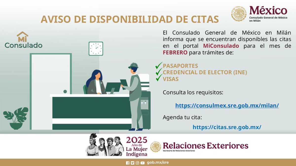 ConsulMexMIL's tweet image. 🟢El Consulado General de México en Milán informa que las citas en el portal #MiConsulado para el mes de FEBRERO ya se encuentran 𝗗𝗜𝗦𝗣𝗢𝗡𝗜𝗕𝗟𝗘𝗦.
Reserva tu cita:
🔗citas.sre.gob.mx
Consulta los requisitos:
🔗consulmex.sre.gob.mx/milan/index.php