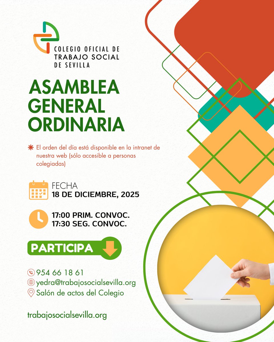 colegiotsevilla's tweet image. ¿Eres colegiado en el Colegio de Trabajo Social de Sevilla? No te pierdas la Asamblea General Ordinaria el 18 de diciembre a las 17:00 h en el salón de actos. ¡Tu participación es clave para fortalecer nuestra profesión! #TrabajoSocial #COTSS