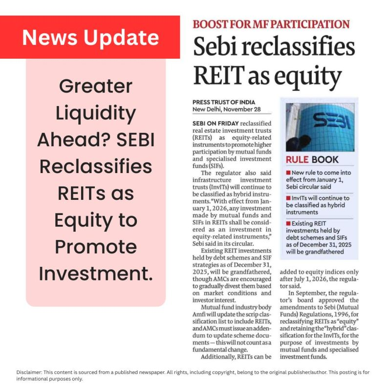 JaganEngr's tweet photo. A Game-Changer for REITs, Mutual Fund and SIF Participation!

SEBI has officially reclassified Real Estate Investment Trusts (REITs) as equity-related instruments for the purpose of investments by Mutual Funds (MFs) and Specialized Investment Funds (SIFs).
#realestate #REIT #mutualfunds #MF