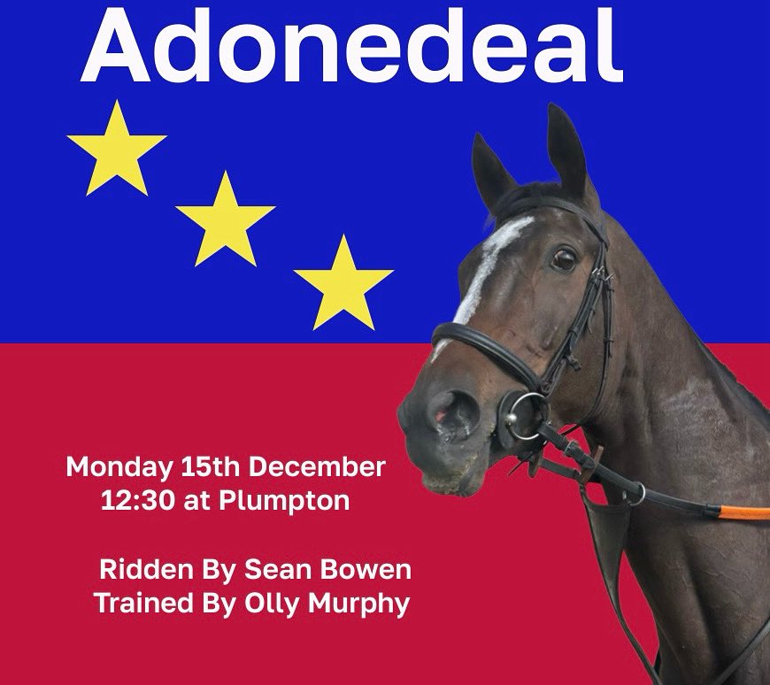 🏇ADONEDEAL  lines up at <a href="/plumptonraces/">Plumpton Racecourse</a> today at 12:30 ⏰

I will be at the racecourse with our SYNDICATE OWNERS, cheering him on! 💪

Ridden by <a href="/Sean_Bowen_/">Sean Bowen</a> _ and trained by <a href="/O_J_murphy91/">Olly Murphy</a> 👏

Best of luck to the whole team! 🤞

Sponsor: Olivepg.co.uk