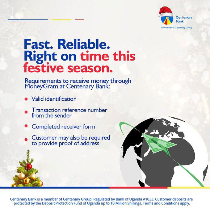This festive season, money needs to arrive on time… no stories!!!

I just love how easy it is to receive money via MoneyGram <a href="/CentenaryBank/">Centenary Bank</a> 
Simple requirements, fast service, and peace of mind.