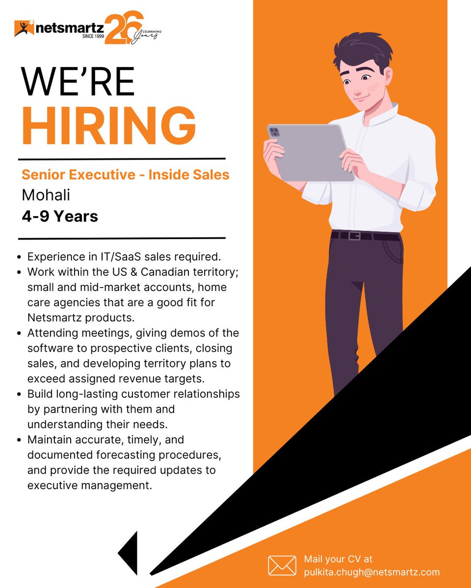 If you have solid experience in IT/SaaS sales and a passion for building strong customer relationships, this could be your next big opportunity.

Apply Now: pulkita.chugh@netsmartz.com

#Netsmartz #Hiring #InsideSales #SaaSSales #ITJobs #SalesCareers
