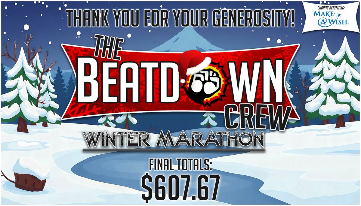 TheBeatdownCrew's tweet photo. The #TBCWinterMarathon2025 has officially come to an end. Thank you to everyone who participated, contributed, and supported the marathon.

We raised $607.67 for #MakeAWish! Have a Happy Holiday &amp; New Year. We will return in the Summer of 2026 for our next event! See ya soon! https://t.co/O5QVlP6UV6