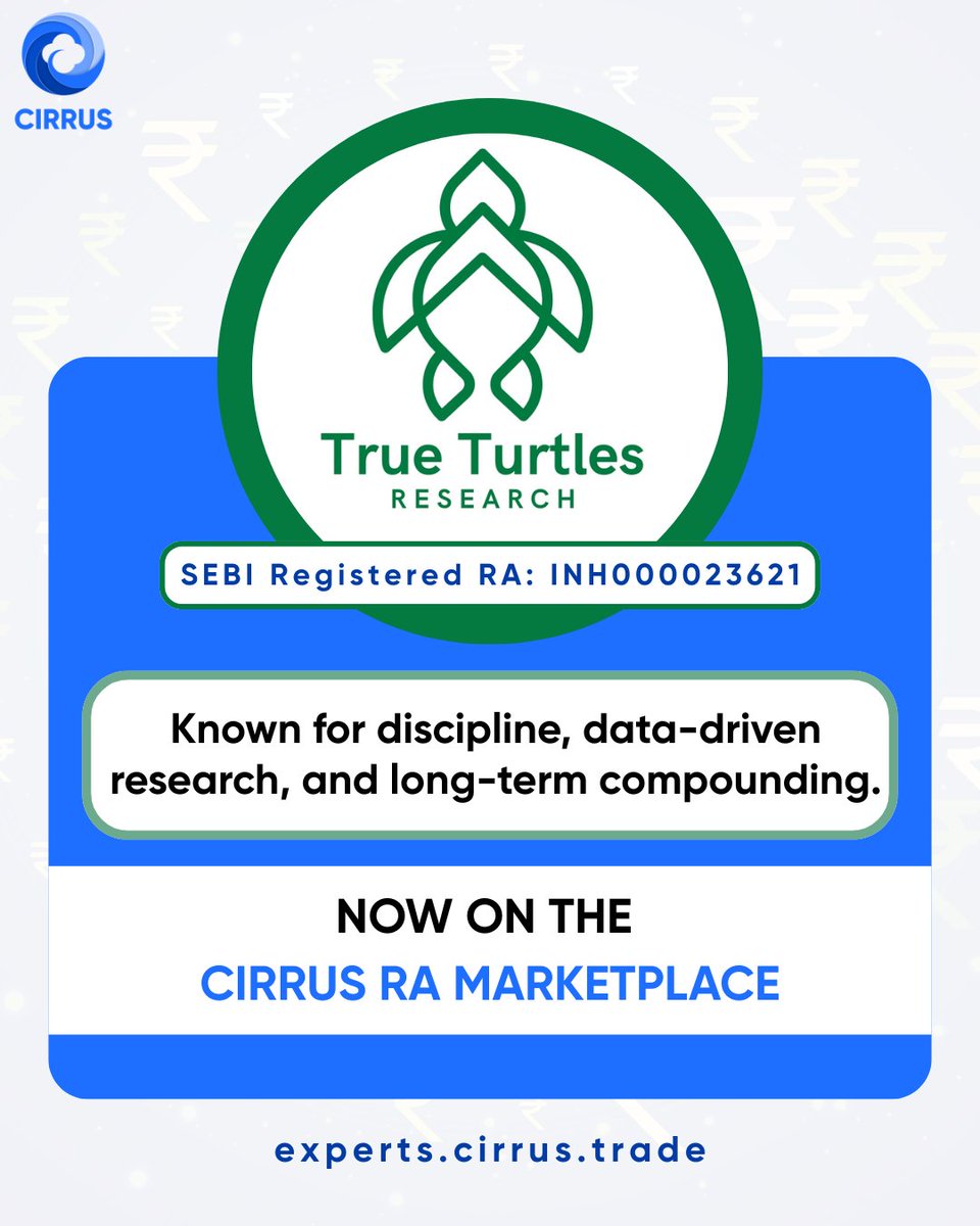tradewithcirrus's tweet photo. @TrueTurtlesHQ  is now live on the @tradewithcirrus  RA Marketplace.

A SEBI Registered RA built on discipline, data-driven research &amp; long-term compounding.

@rahulchauhanhq 
@Investwthkeshav 

@ganatravs https://t.co/yn4D5sDUWS