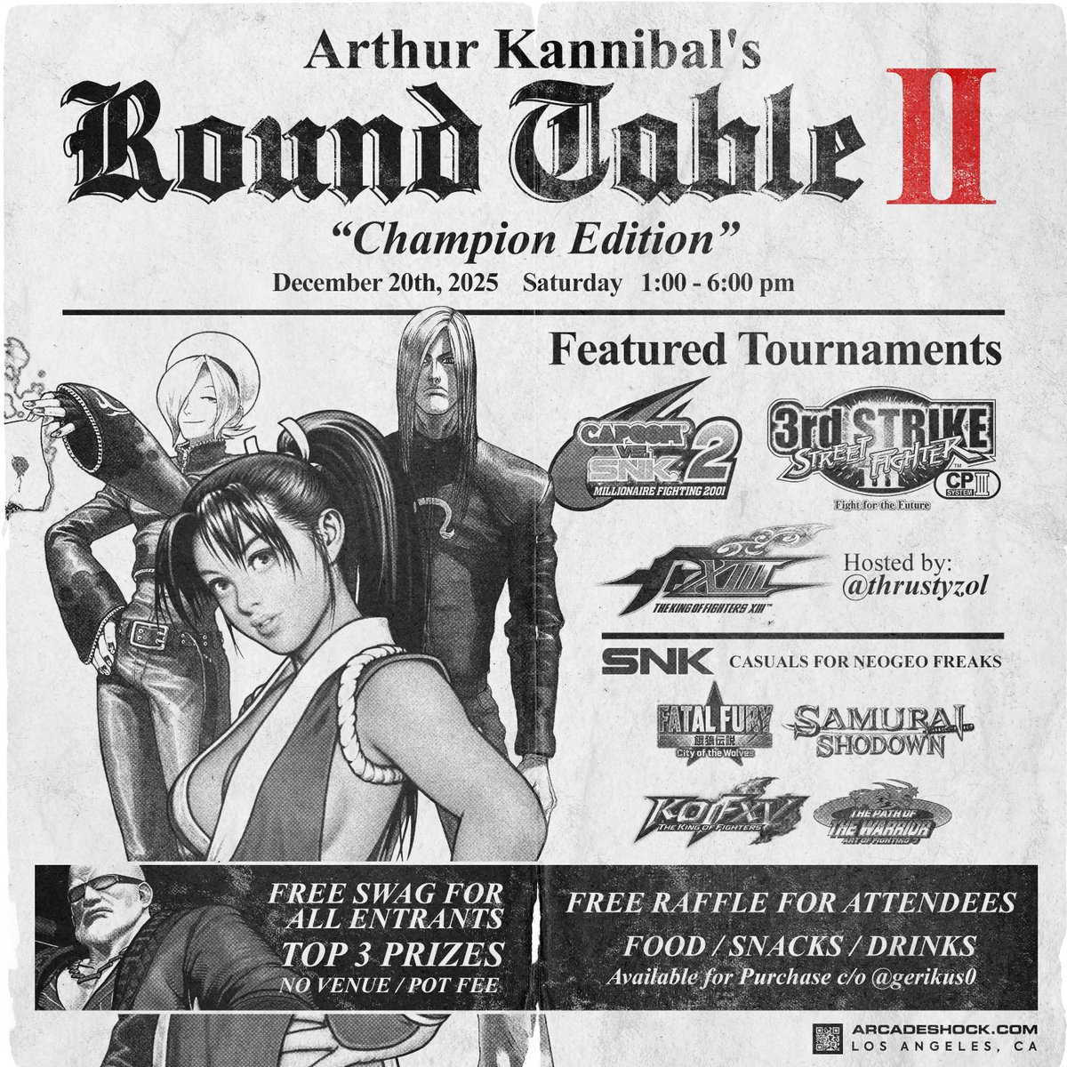 ArcadeShock's tweet photo. FREE Swag for all participants at this Saturday's Round Table II (must be registered on https://t.co/CIvWkklMX0 - will be posted up by Wednesday, December 17th

SNK Swag for KOFXIII
CvS2 Groove Keychain for CvS2 /3S (one per participant - choose your groove) courtesy of @silentscope88 and @KingKannibal - pick this up at the snack / drink table from @gerikus0