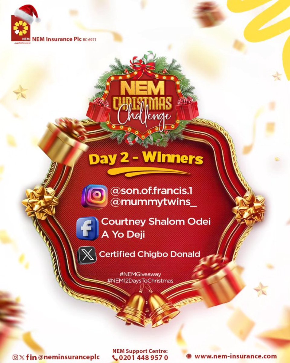 neminsuranceplc's tweet image. Christmas Giveaway – Day 2 Winners! ✨🎄

Congratulations to our Day 2 Christmas Giveaway winners — thank you for participating and spreading the festive cheer with us.

Stay tuned and keep engaging… You could be next! 👀🎅

#NEMGiveaway #NEM12DaysToChristmas