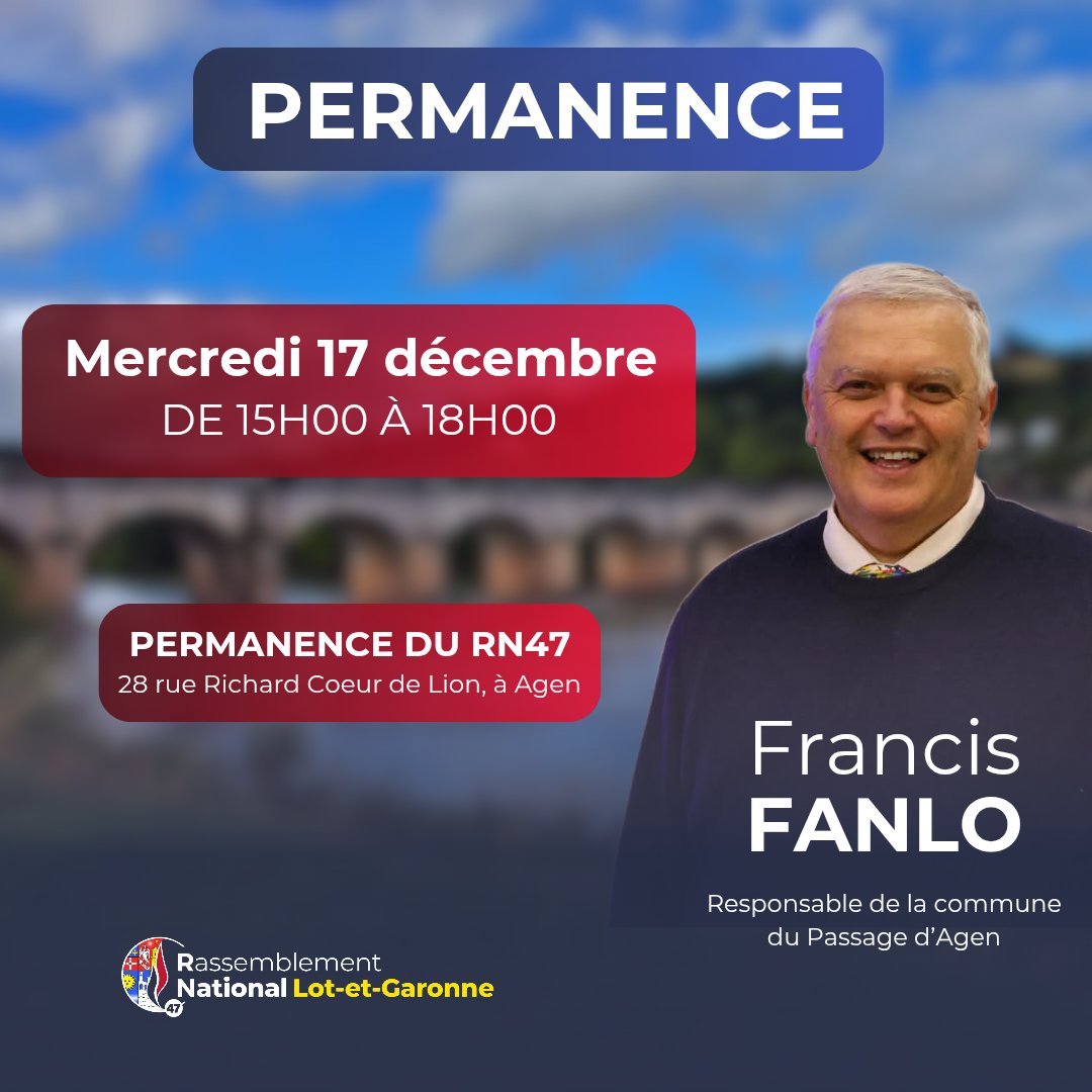 Ce mercredi, Francis Fanlo sera ànotre permanence départementale. N'hésitez pas à nous contacter si vous souhaitez passer. 📱