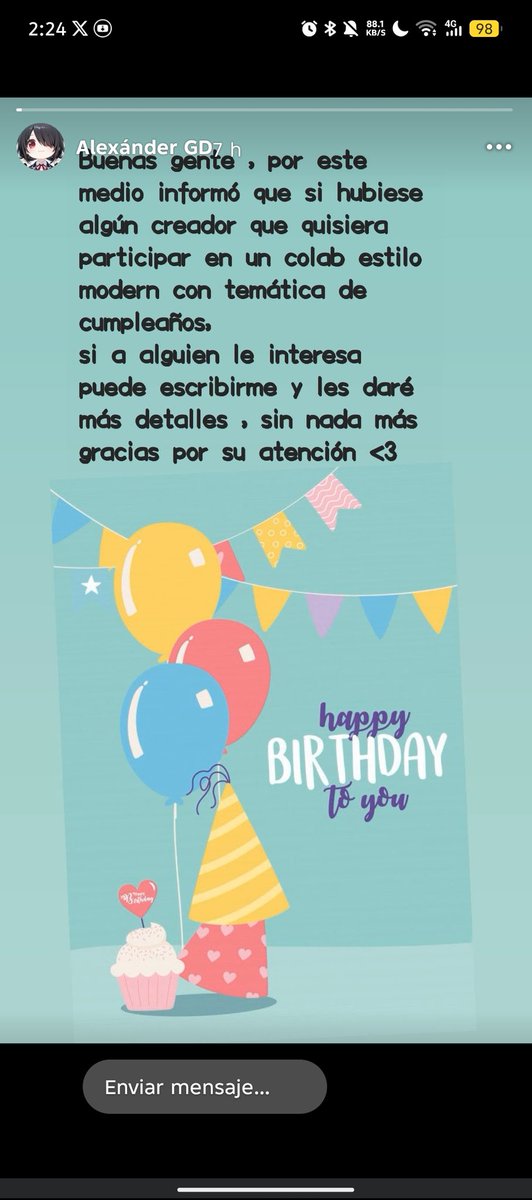 Gente mi pana <a href="/AlexfreeG29469/">Alexfree GD</a> acaba de hacer una invitación desde sus historias de facebook a cualquiera que sepa hacer estilo moderno con temática de cumpleaños a un collar que el esta organizando si alguien quiere escribale al perfil que esta en pantalla para más información