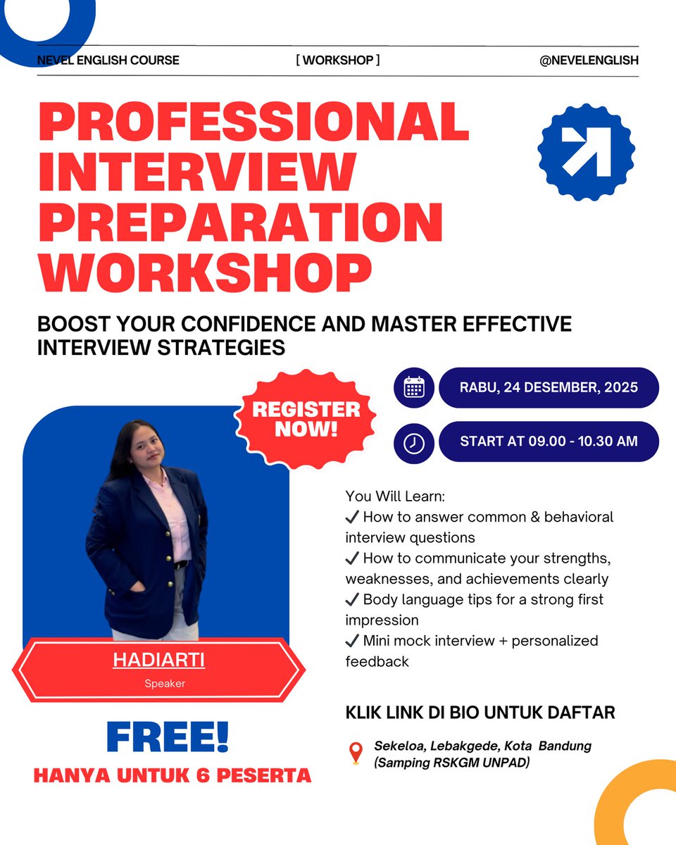 NevelEnglish's tweet image. 🔥 PROFESSIONAL INTERVIEW PREPARATION WORKSHOP 🔥 Only for 6 participants! 🤗
Klik link di bio untuk mendaftar!  🥰👆🏻
#InterviewReady #CareerUpgrade #WorkshopGratis #EnglishForCareer #LevelUpYourCareer
