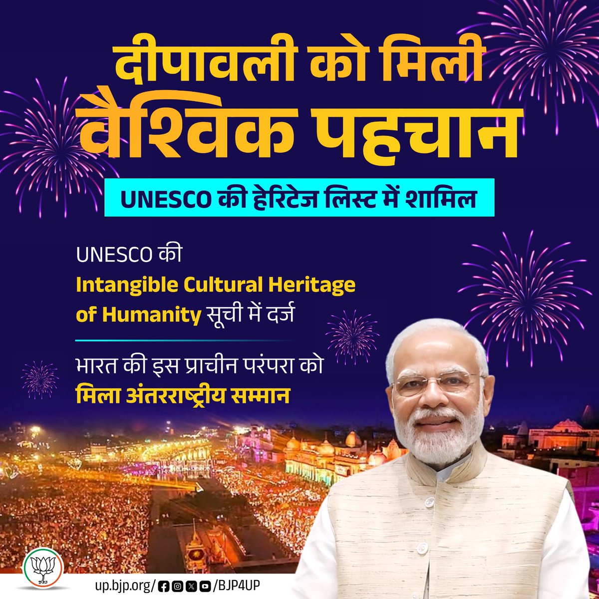 भाजपा सरकार के प्रयासों से भारत की सनातन परंपराएं आज विश्व मंच पर गर्व के साथ स्थापित हो रही हैं। 

भारत की प्राचीन परंपरा अब UNESCO की Intangible Cultural Heritage of Humanity सूची में शामिल होने से संस्कृति और विरासत को अंतरराष्ट्रीय सम्मान मिला है।

#BJP4ViksitBharat #BJP4UP