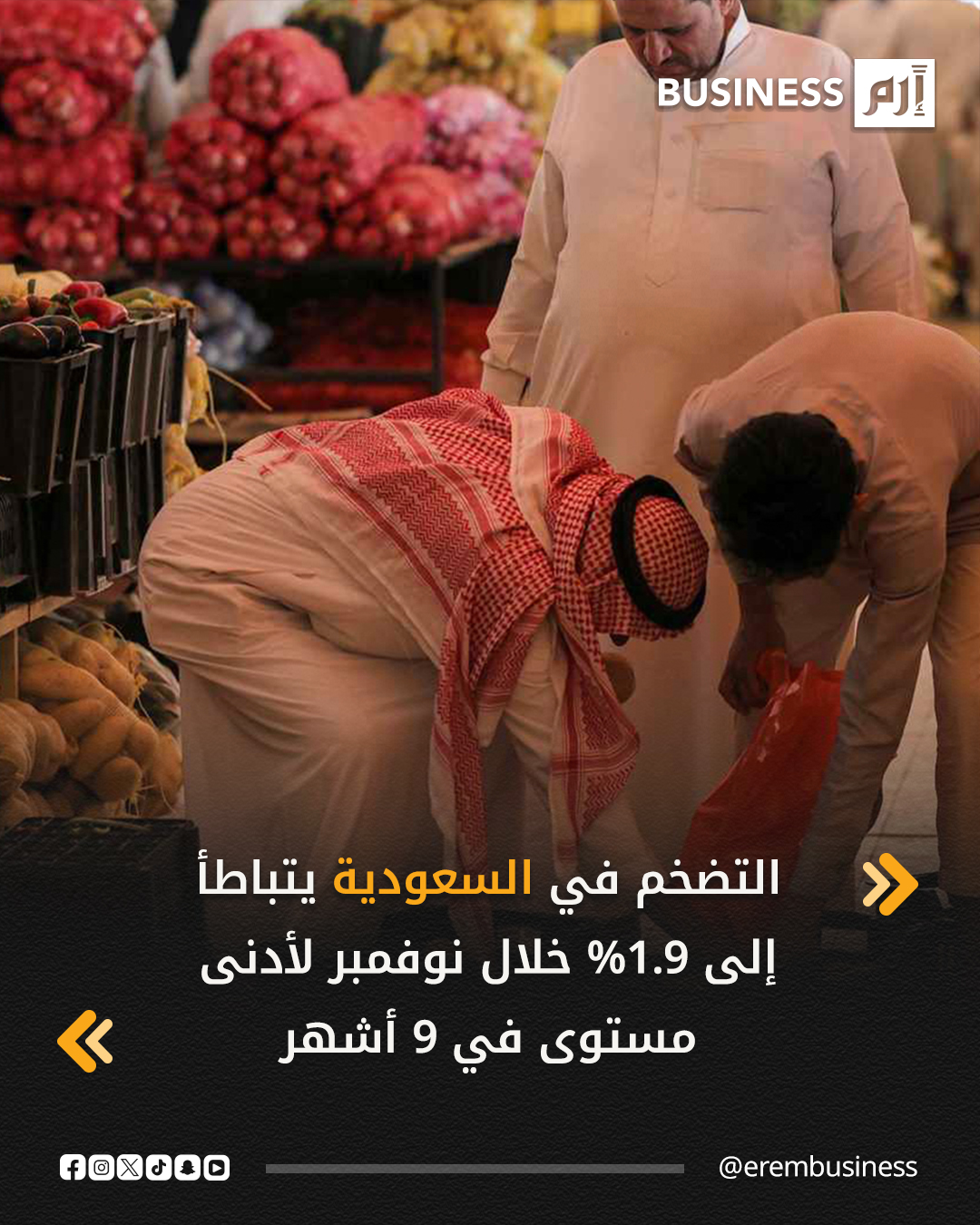 تباطأ مؤشر أسعار المستهلكين في السعودية ليبلغ 1.9% في نوفمبر 2025 مقابل 2.2 في أكتوبر الماضي، مسجلاً أدنى مستوى منذ فبراير الماضي (نحو 9 أشهر)، وفقاً لتقرير صادر عن الهيئة العامة للإحصاء اليوم الاثنين.. يعزى التباطؤ إلى تراجع وتيرة ارتفاع أسعار السكن والأغذية في شهر نوفمبر الماضي مقارنة بشهر أكتوبر السابق له. 