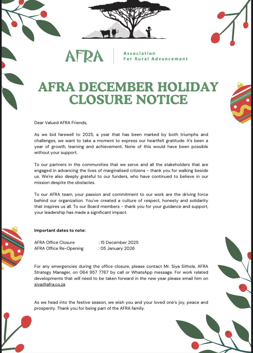 AFRA December 2025 Holiday Closure Notice.
