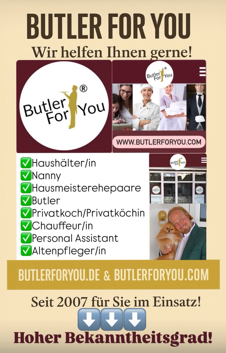 Butler_For_You's tweet image. BUTLER FOR YOU®️ ist eine inhabergeführte Recruitment-Agentur mit Sitz in Berlin.Top-Fachkräfte. Top-Auftraggeber. Und Sebastian Hirsch weiß, wie man beide erfolgreich zusammenbringt.
Wir vermitteln deutschlandweit und international erfahrenes Hauspersonal butlerforyou.de