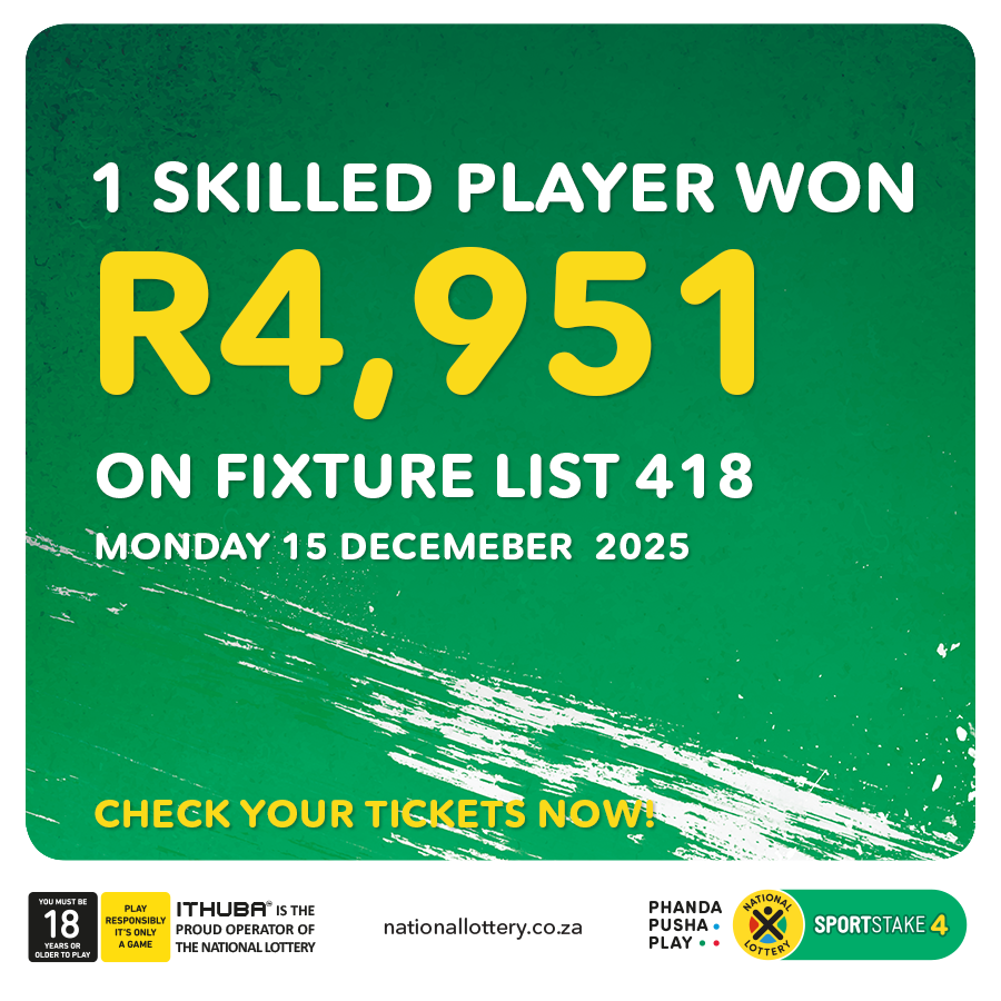 sa_lottery26's tweet photo. Here are the #SPORTSTAKE4 #FixtureResults, #Dividends for list 418 & #Fixturelist 419 with an estimated Jackpot of R6,000. Congratulations to the winner of R4,951. You are #InjaYeGame.
Players must be 18 years or older, play responsibly. https://t.co/gZDI4qZJsl