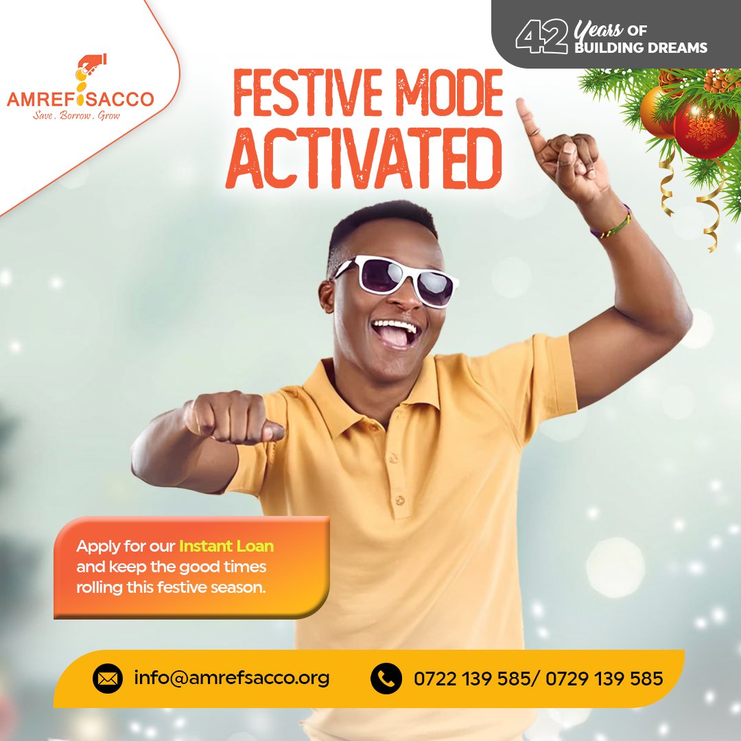 Celebrate the season in style with our Instant Loan and keep the good times rolling. Whether it’s travel, gifts, or family moments, we’ve got you covered this festive season. Call us: 0722 139 585 / 0729 139 585 or  Email: info@amrefsacco.org

#FestiveModeActivated #InstantLoan