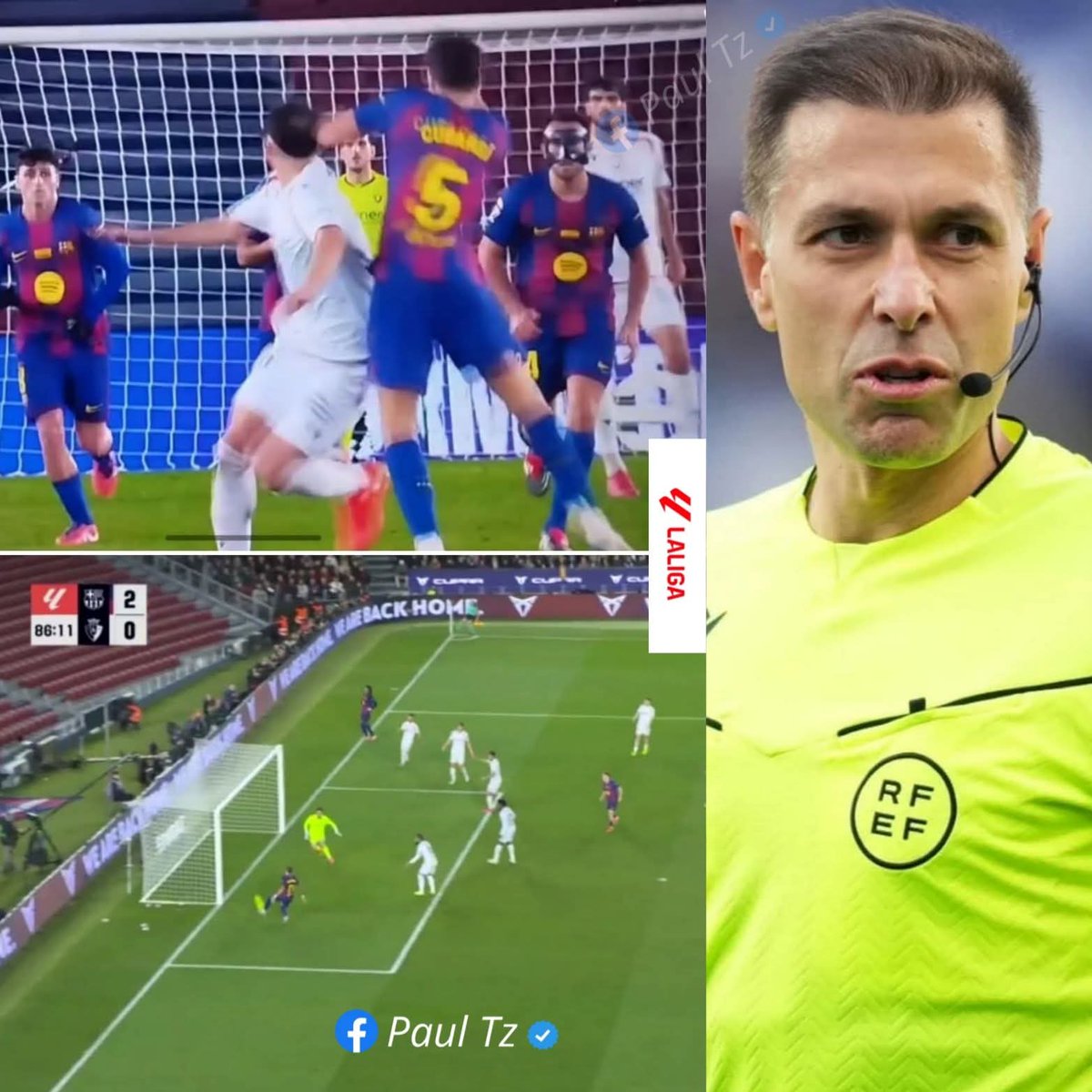 🚨🚨 ¡ESCÁNDALO TOTAL! DOBLE ROBO AL OSASUNA 
❌ Gol de Raphinha CLARO fuera de juego ❌🚫
❌ Roja perdonada a Cubarsí tras codazo en la cabeza a Budimir 🤕🟥
❌ Gol MAL anulado por una supuesta falta de Catena sobre Joan García 🤐
❌ Sin las ayudas arbitrales de Adrián Cordero