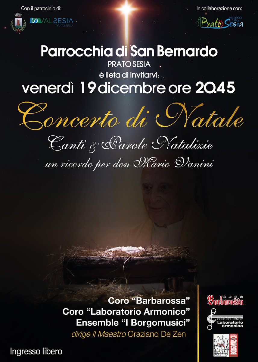 CoroBarbarossa's tweet photo. Natale è alle porte! 🎄 La Parrocchia di San Bernardo (Prato Sesia) vi invita al Concerto di Natale.
​Un ricordo musicale per Don Mario Vanini.
​🗓️ Ven 19 Dicembre
⏰ 20.45
🎤 Coro Barbarossa + Laboratorio Armonico
​Ingresso libero. Non mancate!
​#PratoSesia #ConcertoDiNatale https://t.co/6kuaBPV2g7