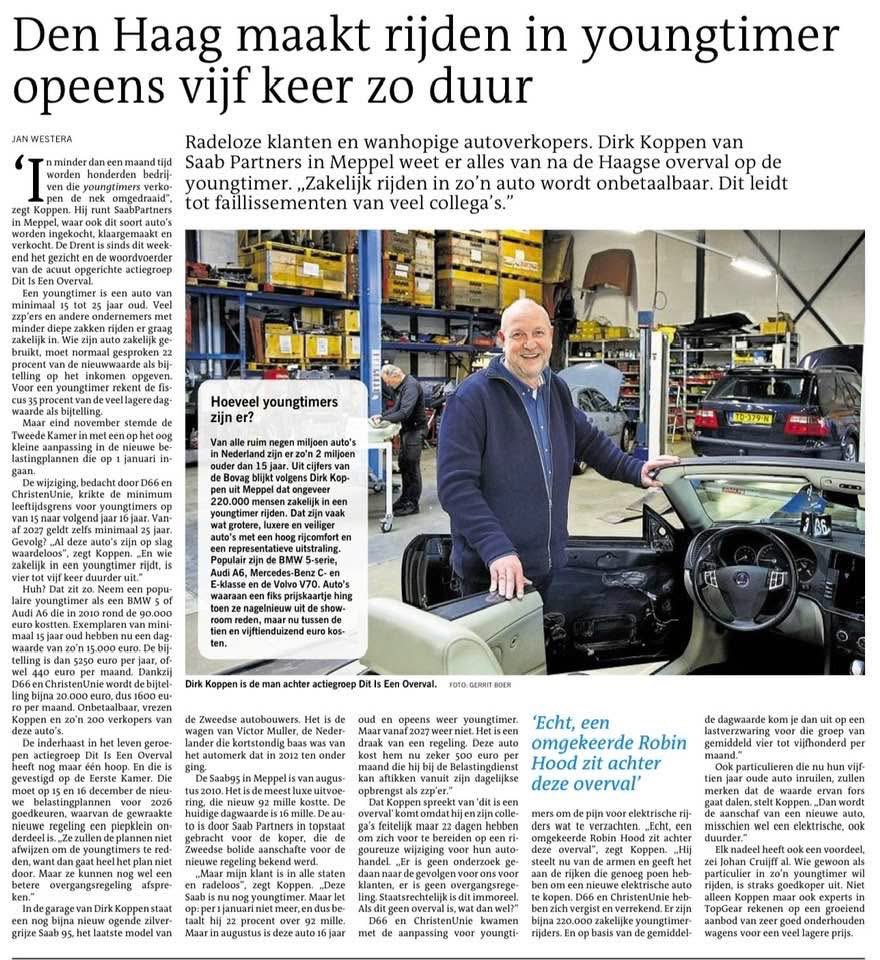 saabvrienden's tweet photo. Het kabinet maakt rijden in youngtimers opeens veel duurder. In minder dan een maand tijd komen honderden bedrijven, die hun business op youngtimers hebben ingericht, in de problemen. Dirk Koppen van Saabpartners in Meppel is woordvoerder van de actiegroep ‘Dit is een overval!’ https://t.co/QmDozE7vAO