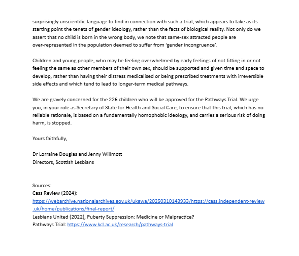 ScotLesbians's tweet photo. The puberty blocker trial is unethical. There is already a body of evidence about the side effects of puberty blocking drugs. We've written to @wesstreeting about our concerns. https://t.co/zE7JLiDZ7X