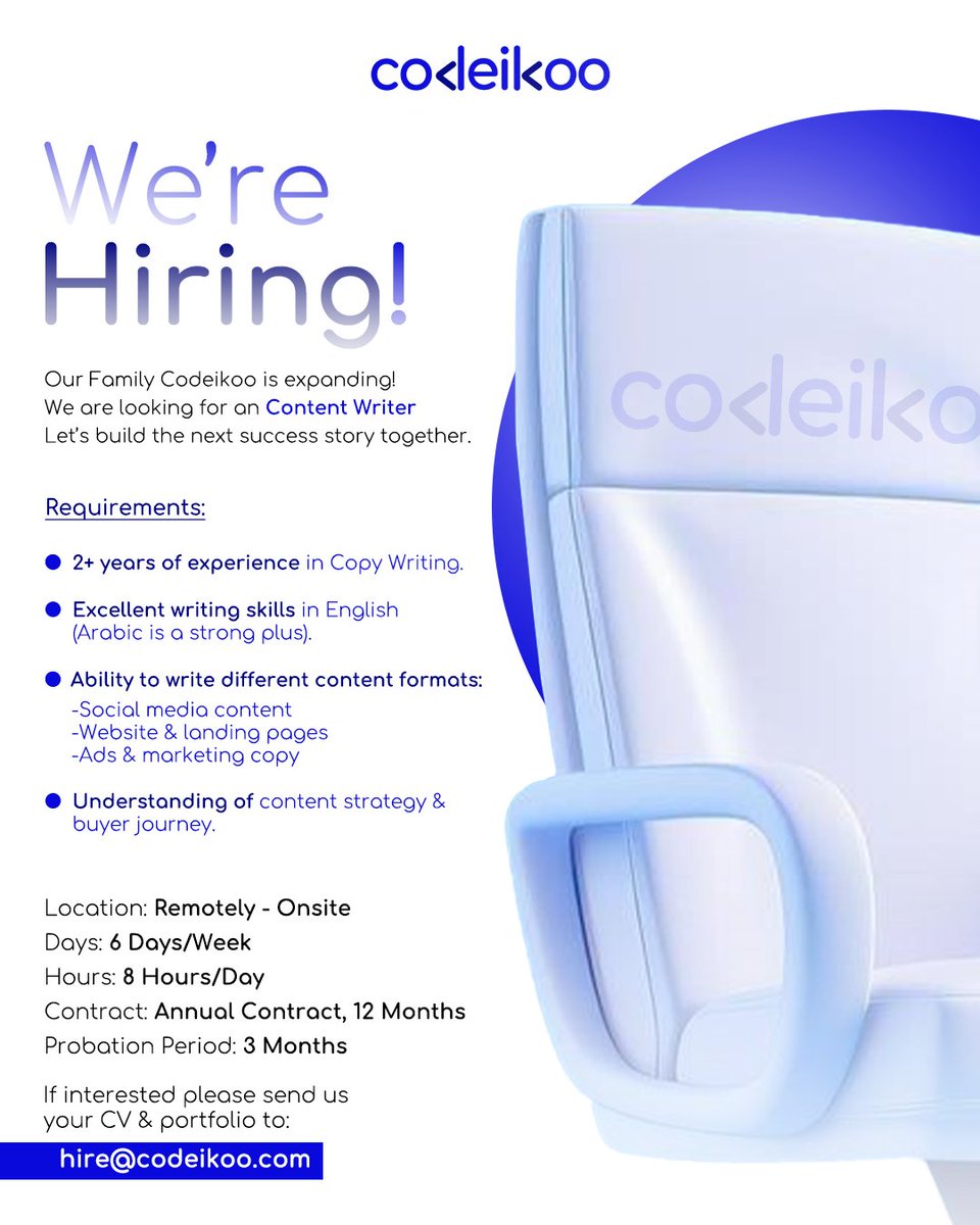 codeikoo's tweet photo. We're Hiring!
Our Family Codeikoo is expanding!

Plz use the job title {Your Name}
if interested please send us your CV &amp; Portfolio to:
hire@codeikoo.com

#Hiring #marketing #team #hr #jobs https://t.co/UYTxwB4Lro