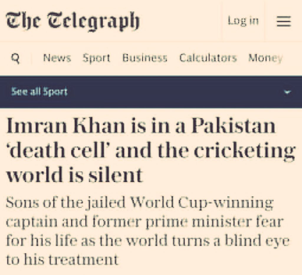 Imran khan is in a Pakistan death cell and the cricketing world is silent.
Sons of the jailed World Cup winning captain and former prime minister fear for his life as the world turns a blind eye to his treatment.
<a href="/UNHumanRights/">UN Human Rights</a> <a href="/UN/">United Nations</a> <a href="/Europarl_EN/">European Parliament</a> <a href="/EU_Commission/">European Commission</a> <a href="/ImranKhanPTI/">Imran Khan</a>