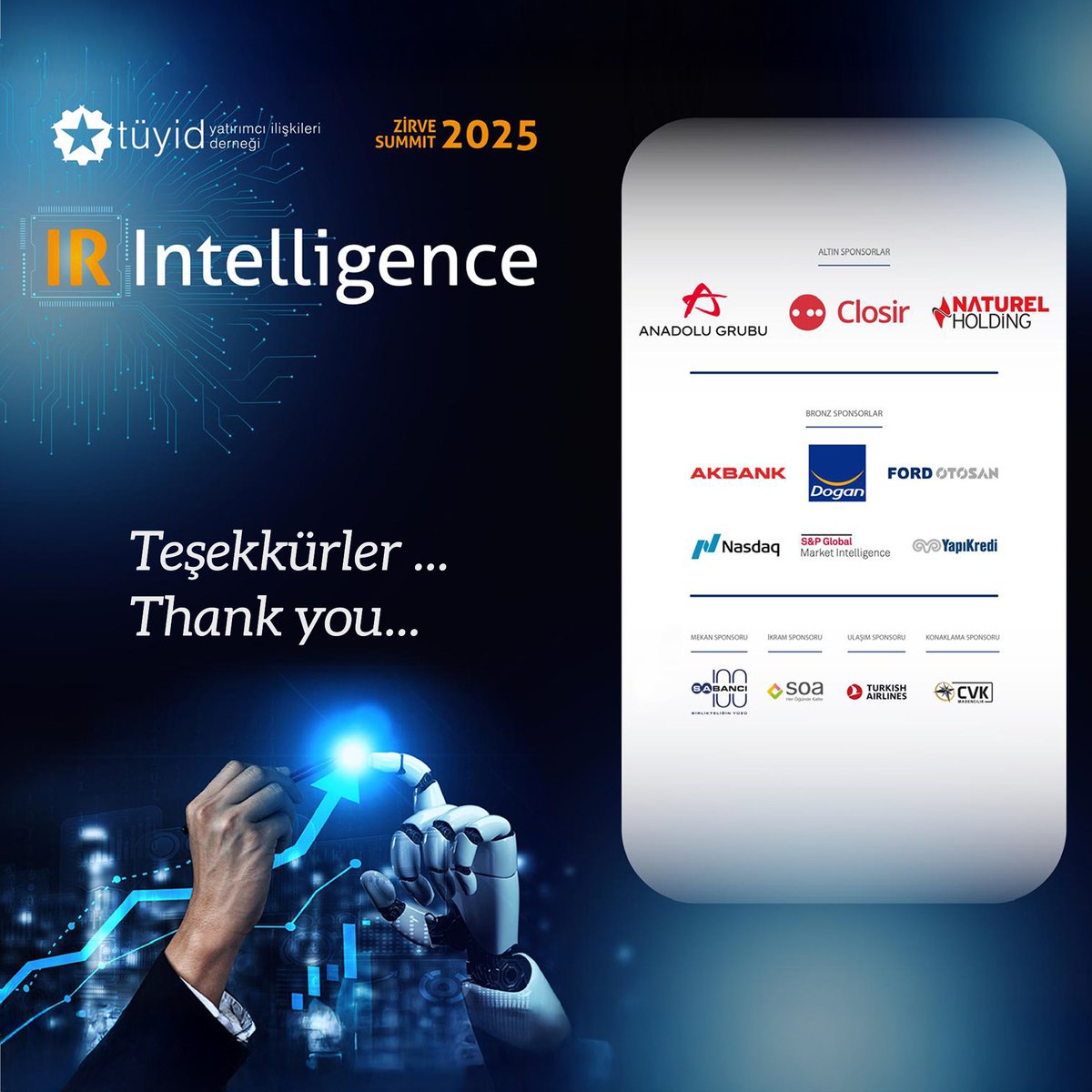 14.TÜYİD Yatırımcı İlişkileri Zirvesi sponsorlarımıza en içten teşekkürlerimizi sunarız🙏

Anadolu Group Closir Naturel Holding Akbank Doğan Holding Ford Otosan Nasdaq S&amp;P Global Market Intelligence Yapı Kredi Sabanci Holding SOA Toplu Yemek Turkish Airlines CVK Maden Isletmeleri