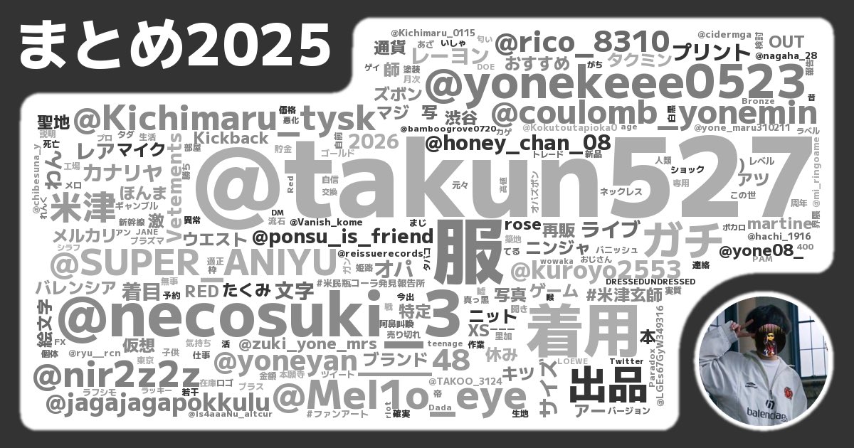 Vanish_kome's tweet image. 2025年よくポストしたワードは？
#服 #着用 でした！

なんか真ん中上らへんにゲイってない？
#2025まとめったー