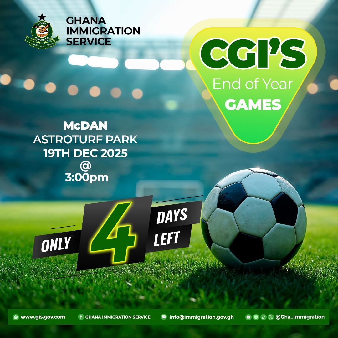 4️⃣DAYS MORE TO THE COMPTROLLER-GENERAL’S END OF YEAR GAMES <a href="/GhArmedForces/">Ghana Armed Forces</a> <a href="/GhPoliceService/">Ghana Police Service</a> <a href="/MinterGh/">Ministry of the Interior, Ghana</a> <a href="/ghonetv/">GHOne TV</a> <a href="/mygtvsports/">GTV SPORTS+</a>