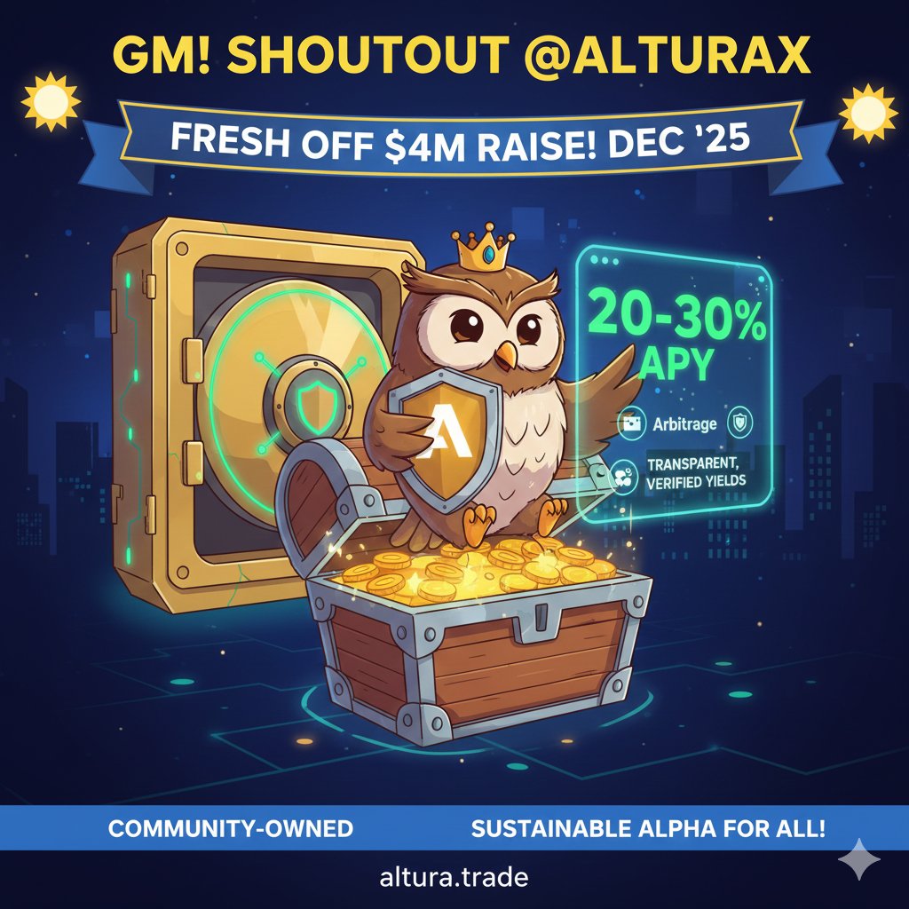 GM/CT! 🌞  

Shoutout to <a href="/alturax/">Altura</a> – delivering transparent, community-owned crypto yields, fully verified on-chain.  

Key: Fresh off a $4M raise in Dec '25 to supercharge vaults with 20-30% APY via arbitrage &amp; funding-rate plays. Sustainable alpha for all!  

Dive in early:
