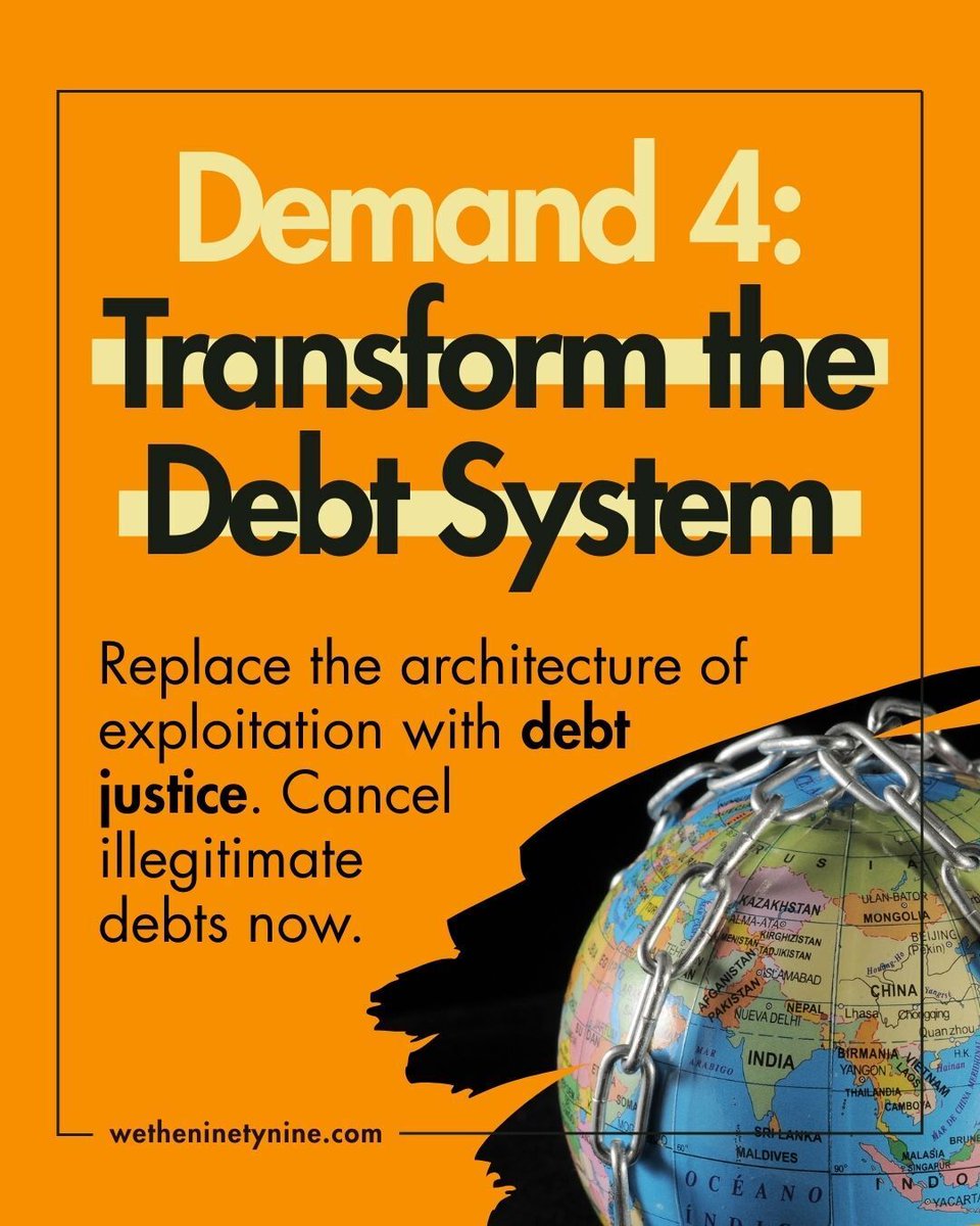 Illegitimate debt is strangling nations and robbing them of sovereignty. ​ We demand debt justice and the cancellation of exploitative debts. ​ 🌍✊  

Read the full Johannesburg We The 99 declaration: Link in bio

#DebtJustice #WeThe99